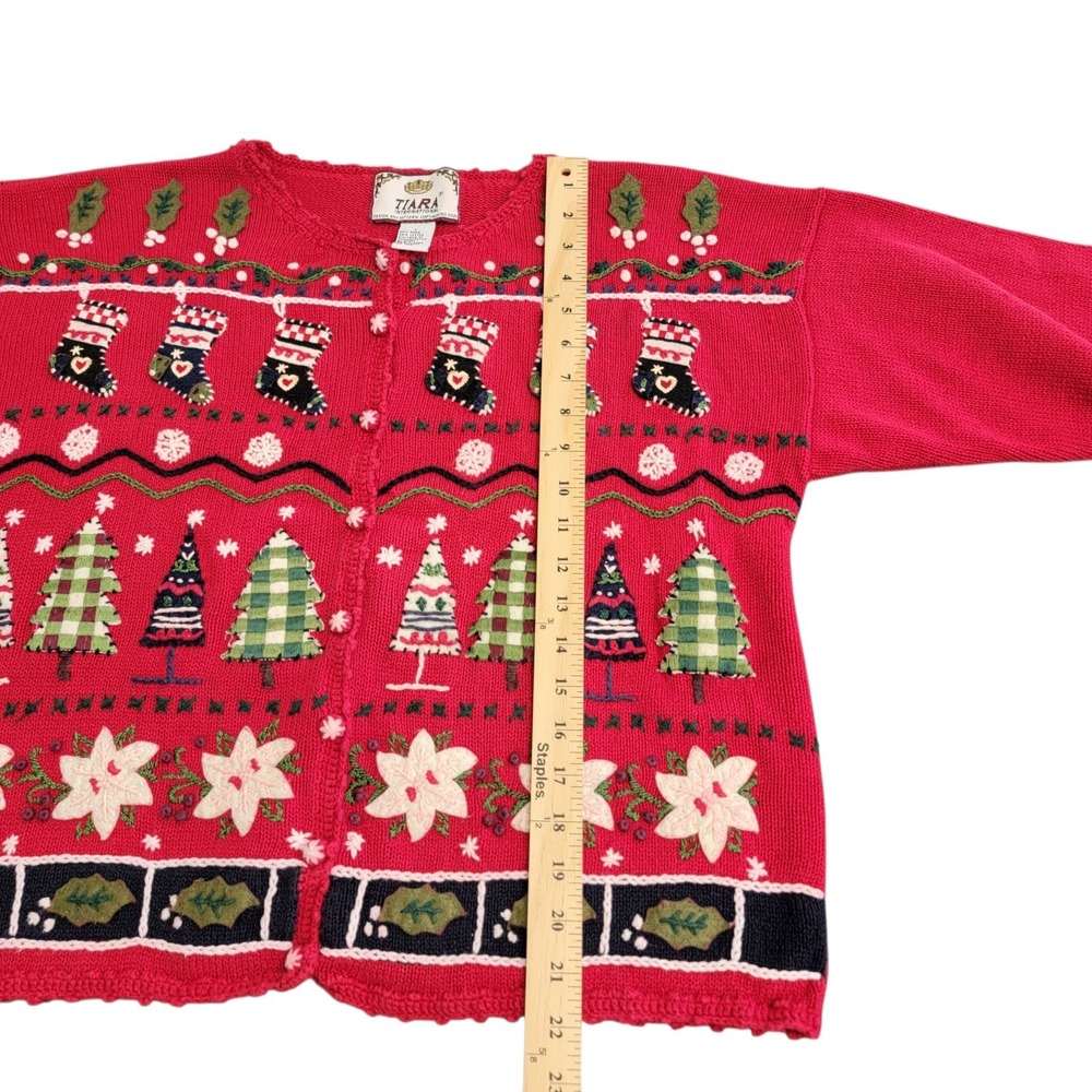 Vtg Tiara International 90s Christmas Cardigan Large Red Stocking Tree Button Up - Picture 11 of 13